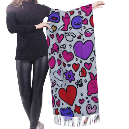 Graffiti Heart Pattern Scarf – Faux Cashmere Warm Winter Shawl with Tassels (77" x 27")