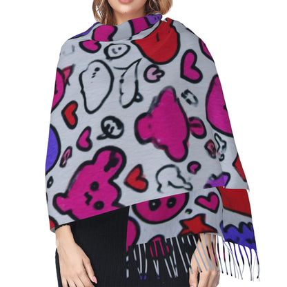 Graffiti Heart Pattern Scarf – Faux Cashmere Warm Winter Shawl with Tassels (77" x 27")