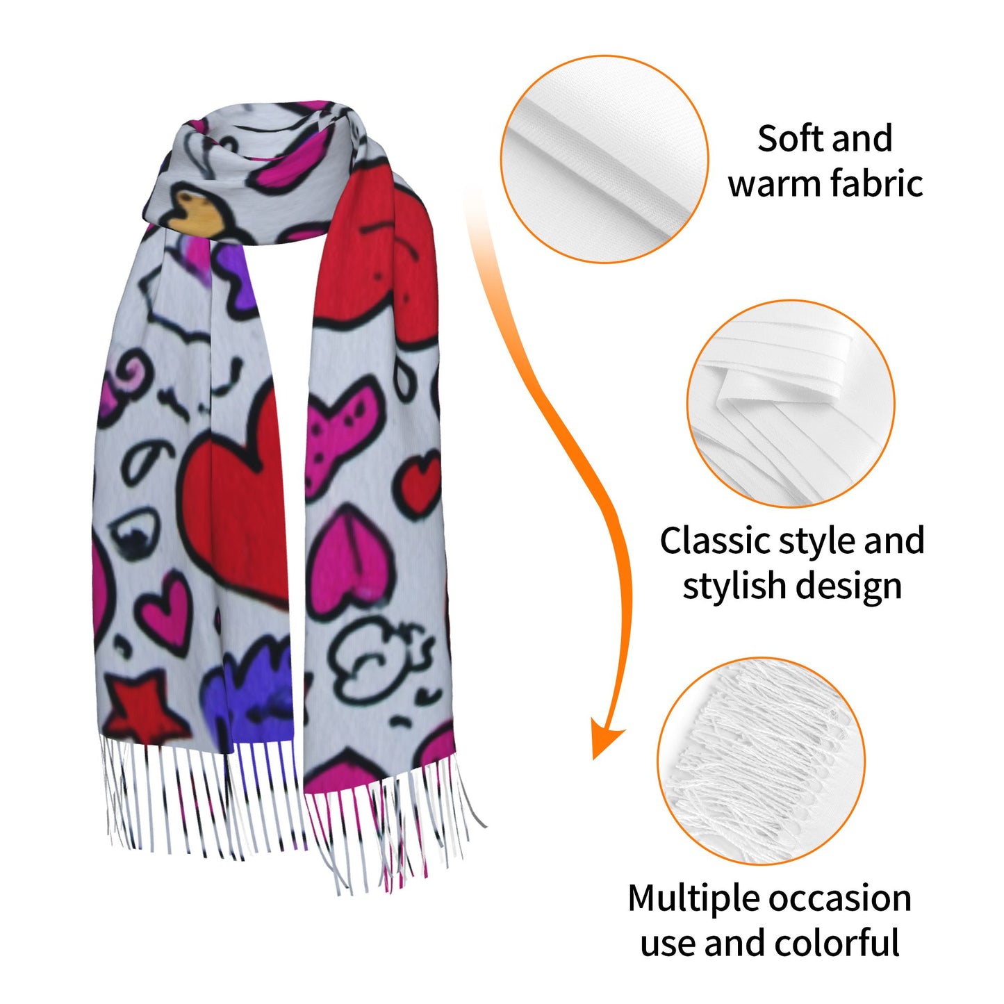 Graffiti Heart Pattern Scarf – Faux Cashmere Warm Winter Shawl with Tassels (77" x 27")