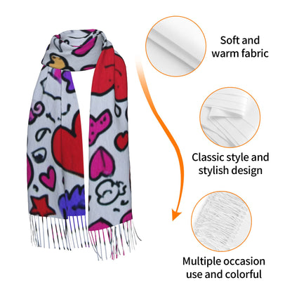 Graffiti Heart Pattern Scarf – Faux Cashmere Warm Winter Shawl with Tassels (77" x 27")