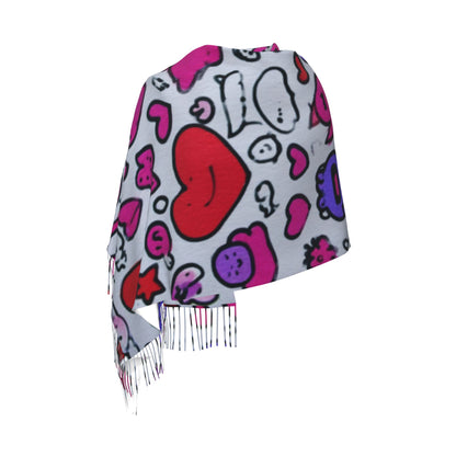 Graffiti Heart Pattern Scarf – Faux Cashmere Warm Winter Shawl with Tassels (77" x 27")