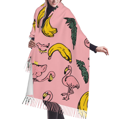 Pink Tropical Scarf – Faux Cashmere Warm Winter Shawl with Flamingos, Bananas & Leaves (77" x 27")