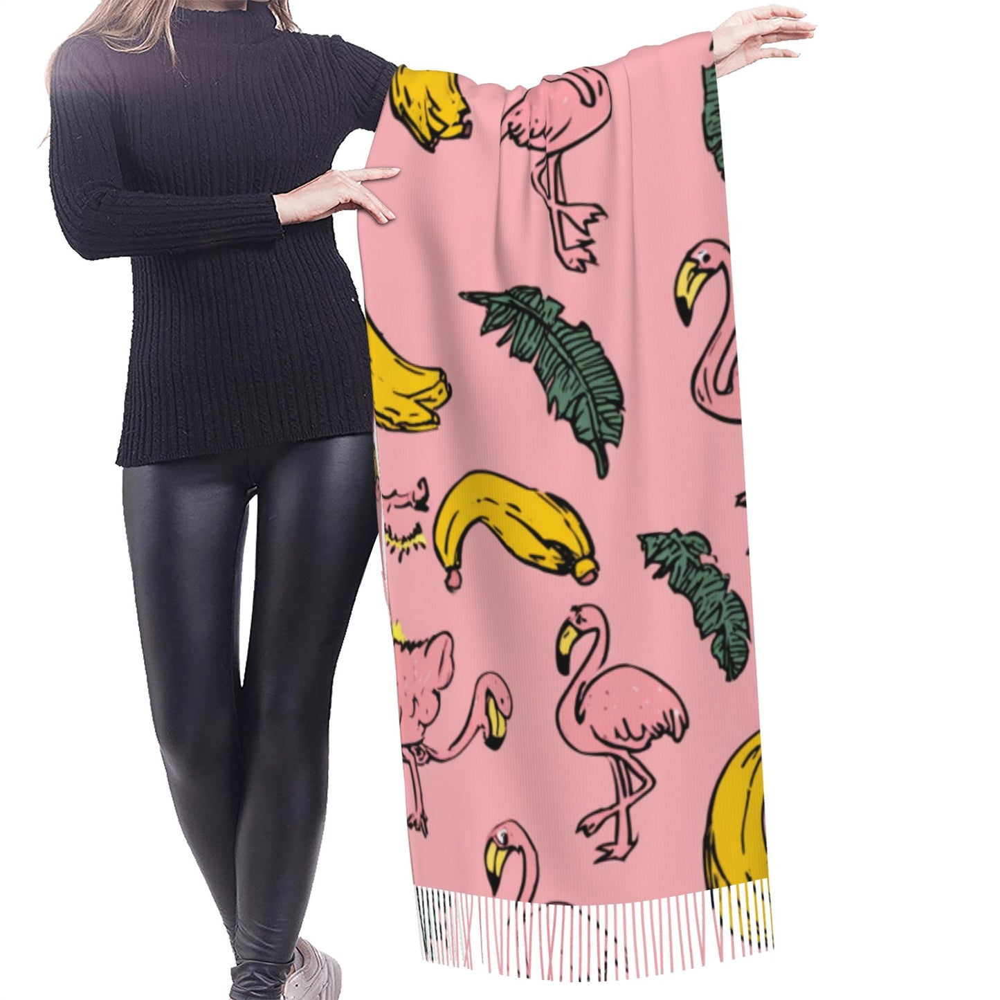 Pink Tropical Scarf – Faux Cashmere Warm Winter Shawl with Flamingos, Bananas & Leaves (77" x 27")