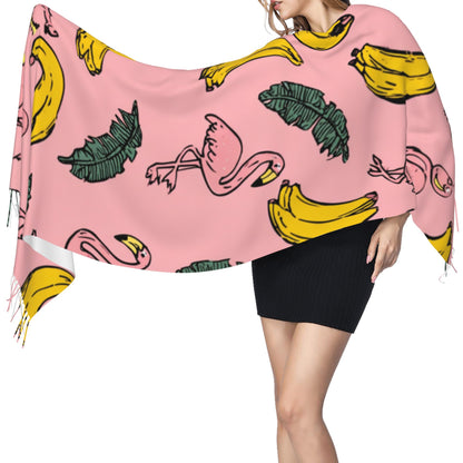 Pink Tropical Scarf – Faux Cashmere Warm Winter Shawl with Flamingos, Bananas & Leaves (77" x 27")