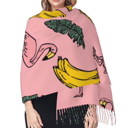 Pink Tropical Scarf – Faux Cashmere Warm Winter Shawl with Flamingos, Bananas & Leaves (77" x 27")