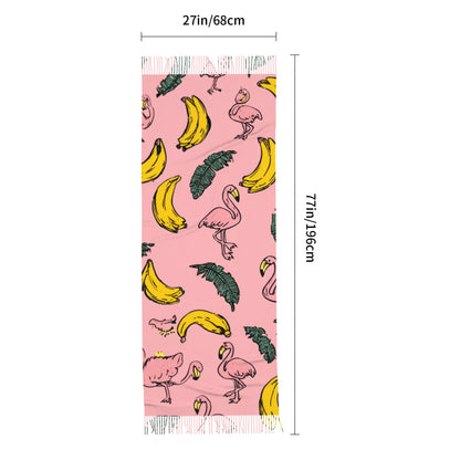 Pink Tropical Scarf – Faux Cashmere Warm Winter Shawl with Flamingos, Bananas & Leaves (77" x 27")