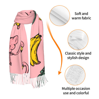 Pink Tropical Scarf – Faux Cashmere Warm Winter Shawl with Flamingos, Bananas & Leaves (77" x 27")