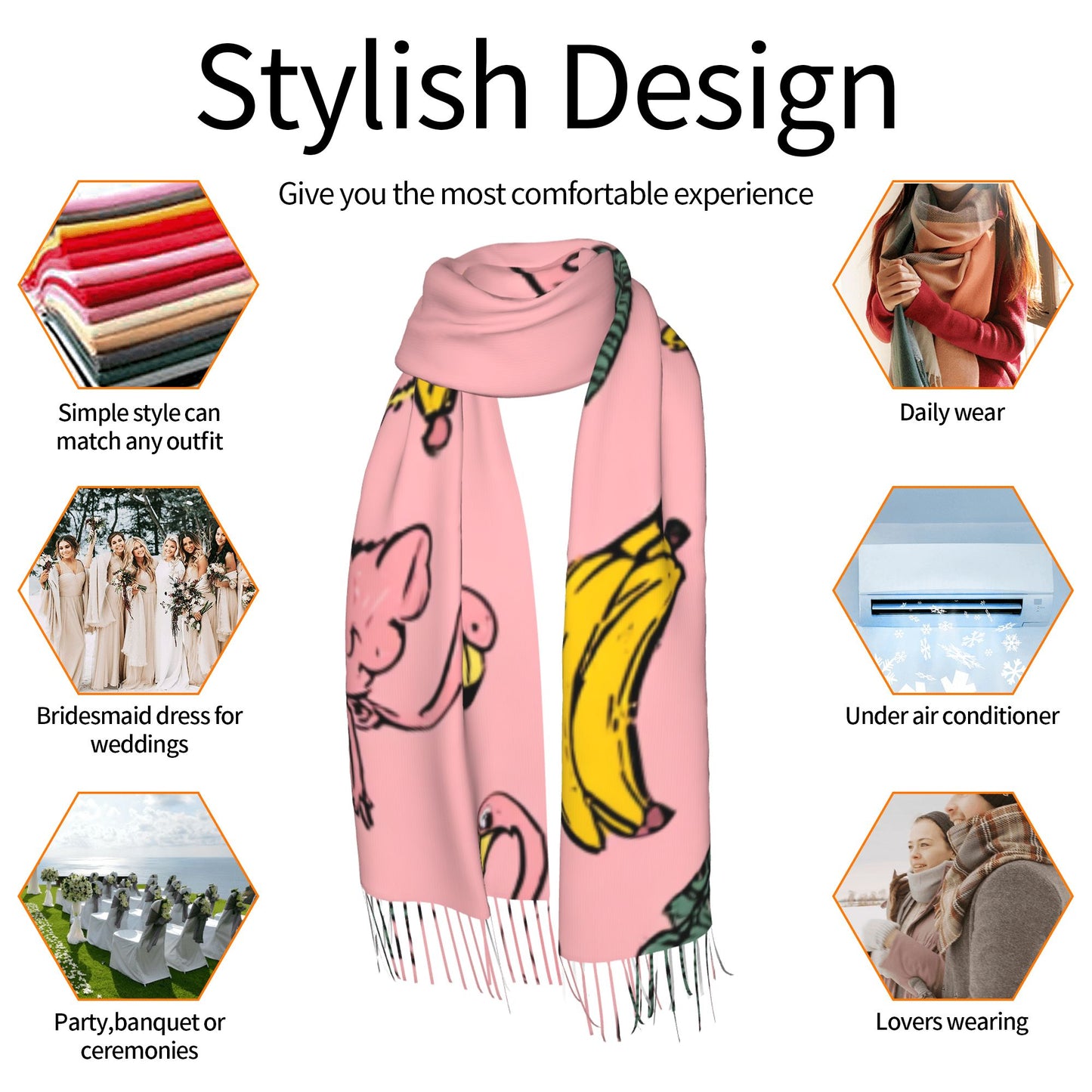 Pink Tropical Scarf – Faux Cashmere Warm Winter Shawl with Flamingos, Bananas & Leaves (77" x 27")