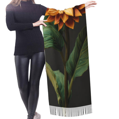 Sunflower Faux Cashmere Scarf – Long Vertical Shawl with Tassels, Warm & Artistic (77" x 27")