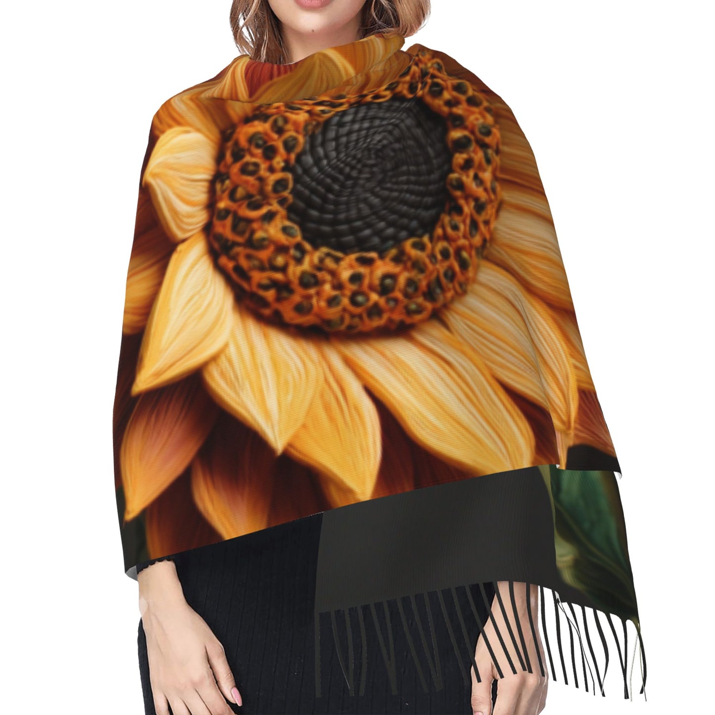 Sunflower Faux Cashmere Scarf – Long Vertical Shawl with Tassels, Warm & Artistic (77" x 27")