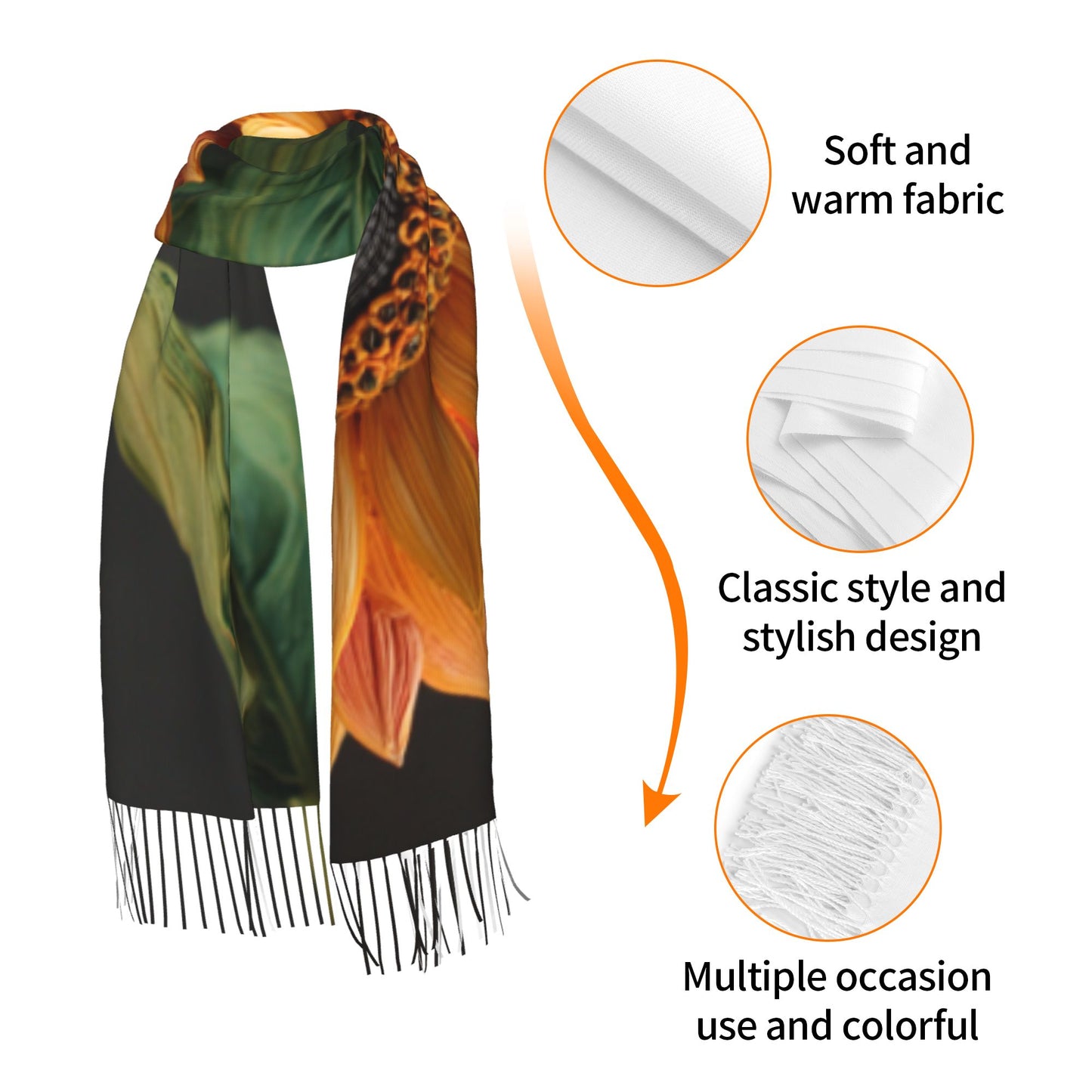 Sunflower Faux Cashmere Scarf – Long Vertical Shawl with Tassels, Warm & Artistic (77" x 27")
