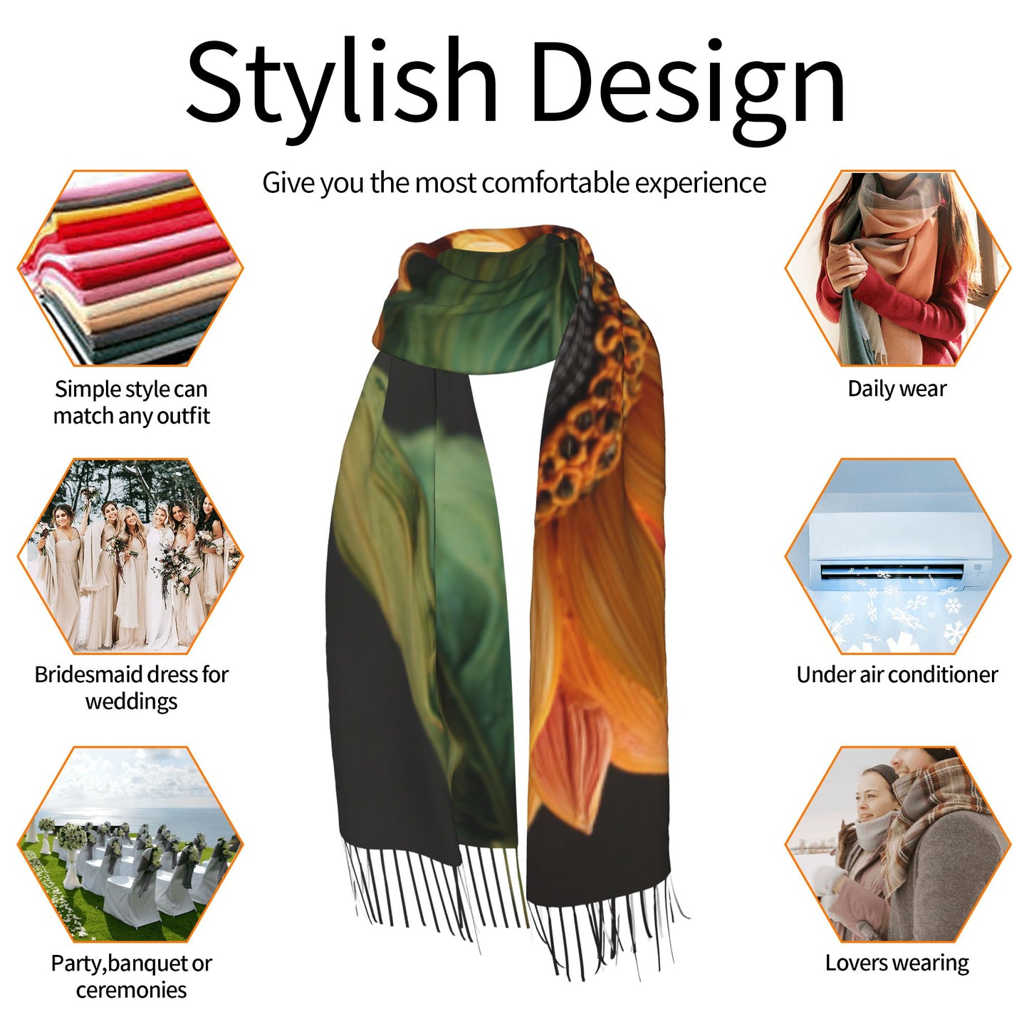 Sunflower Faux Cashmere Scarf – Long Vertical Shawl with Tassels, Warm & Artistic (77" x 27")