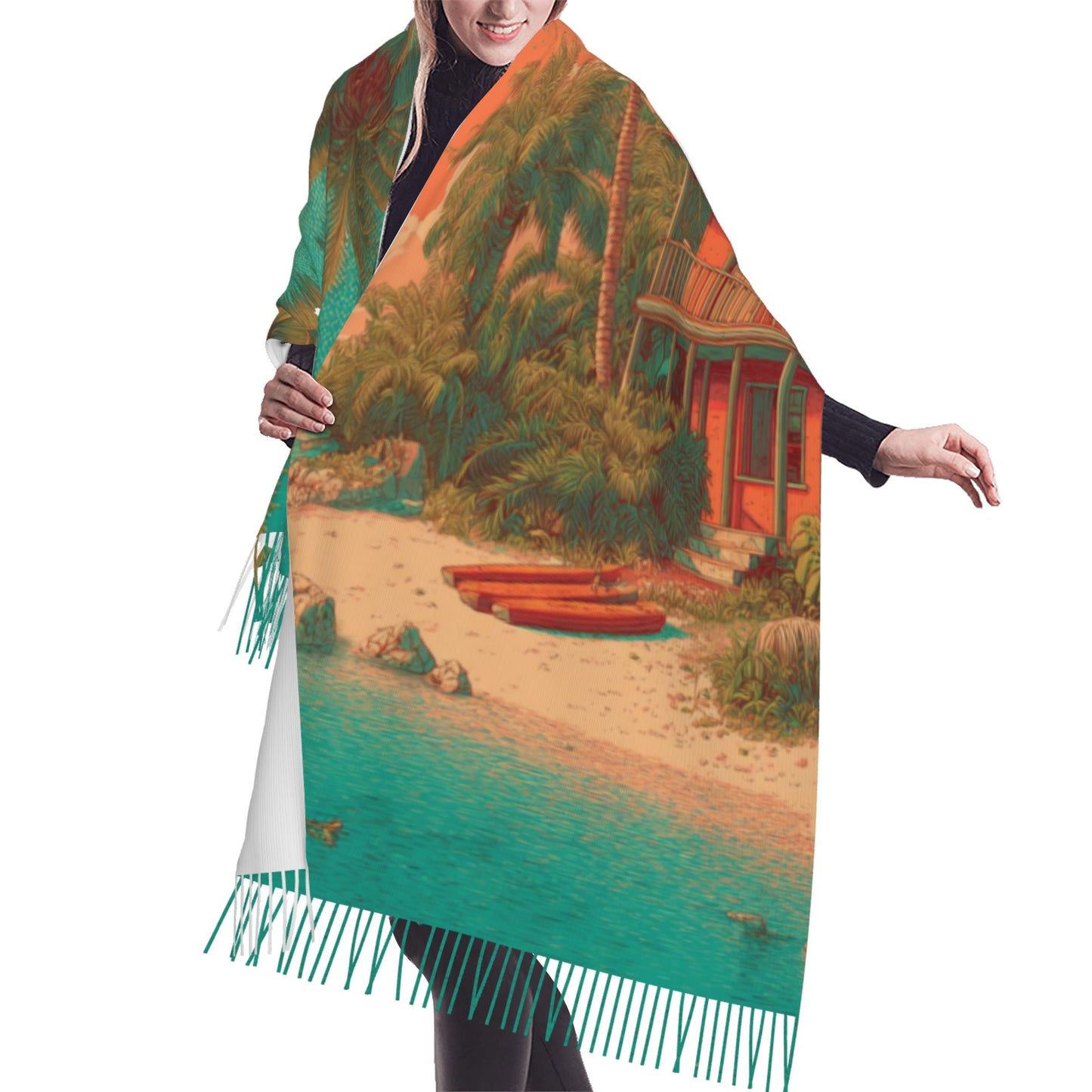 Tropical Island Scene Faux Cashmere Scarf – Vertical Long Tassel Wrap for Winter (77" x 27")