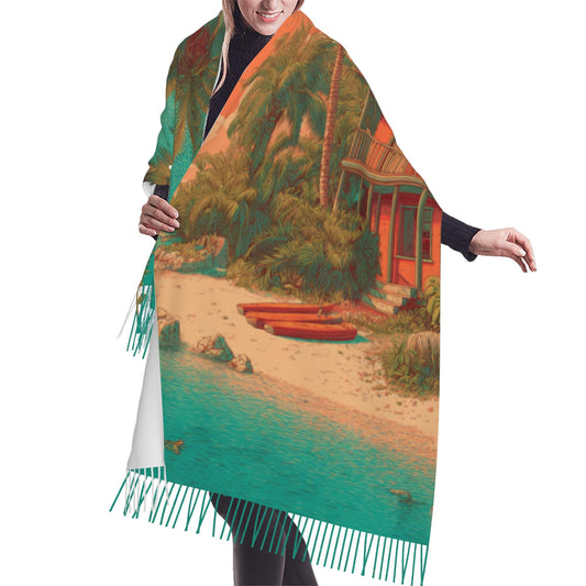Tropical Island Scene Faux Cashmere Scarf – Vertical Long Tassel Wrap for Winter (77" x 27")