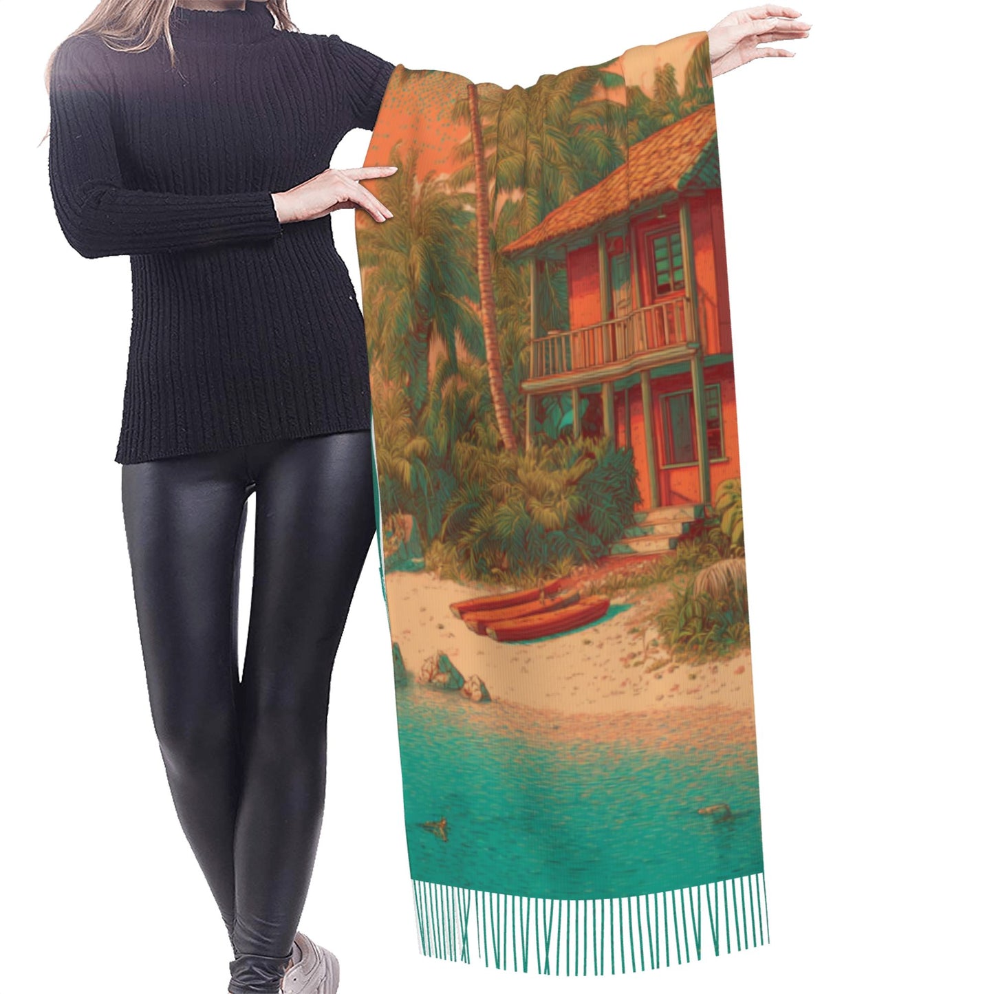 Tropical Island Scene Faux Cashmere Scarf – Vertical Long Tassel Wrap for Winter (77" x 27")