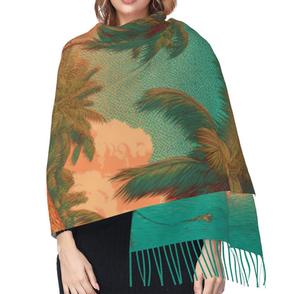 Tropical Island Scene Faux Cashmere Scarf – Vertical Long Tassel Wrap for Winter (77" x 27")