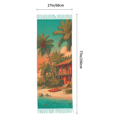 Tropical Island Scene Faux Cashmere Scarf – Vertical Long Tassel Wrap for Winter (77" x 27")