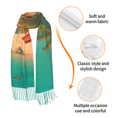 Tropical Island Scene Faux Cashmere Scarf – Vertical Long Tassel Wrap for Winter (77" x 27")