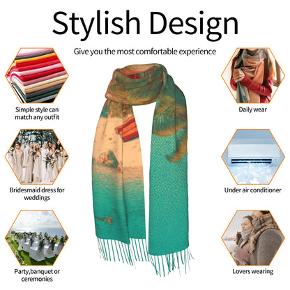 Tropical Island Scene Faux Cashmere Scarf – Vertical Long Tassel Wrap for Winter (77" x 27")