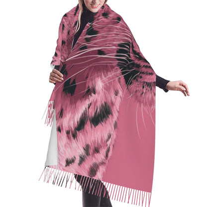 Pink Leopard Print Faux Cashmere Scarf – Bold Animal Pattern Long Winter Wrap with Tassels (77" x 27")