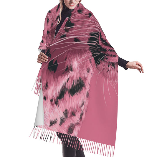 Pink Leopard Print Faux Cashmere Scarf – Bold Animal Pattern Long Winter Wrap with Tassels (77" x 27")