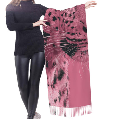 Pink Leopard Print Faux Cashmere Scarf – Bold Animal Pattern Long Winter Wrap with Tassels (77" x 27")