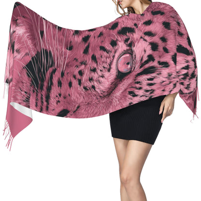 Pink Leopard Print Faux Cashmere Scarf – Bold Animal Pattern Long Winter Wrap with Tassels (77" x 27")