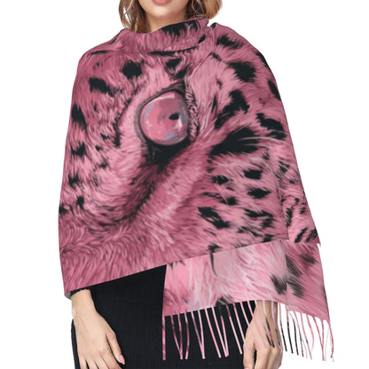 Pink Leopard Print Faux Cashmere Scarf – Bold Animal Pattern Long Winter Wrap with Tassels (77" x 27")