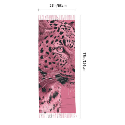 Pink Leopard Print Faux Cashmere Scarf – Bold Animal Pattern Long Winter Wrap with Tassels (77" x 27")