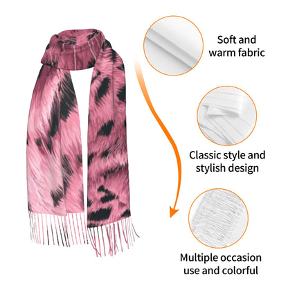 Pink Leopard Print Faux Cashmere Scarf – Bold Animal Pattern Long Winter Wrap with Tassels (77" x 27")
