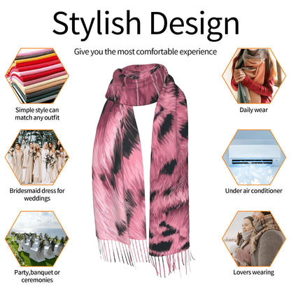 Pink Leopard Print Faux Cashmere Scarf – Bold Animal Pattern Long Winter Wrap with Tassels (77" x 27")