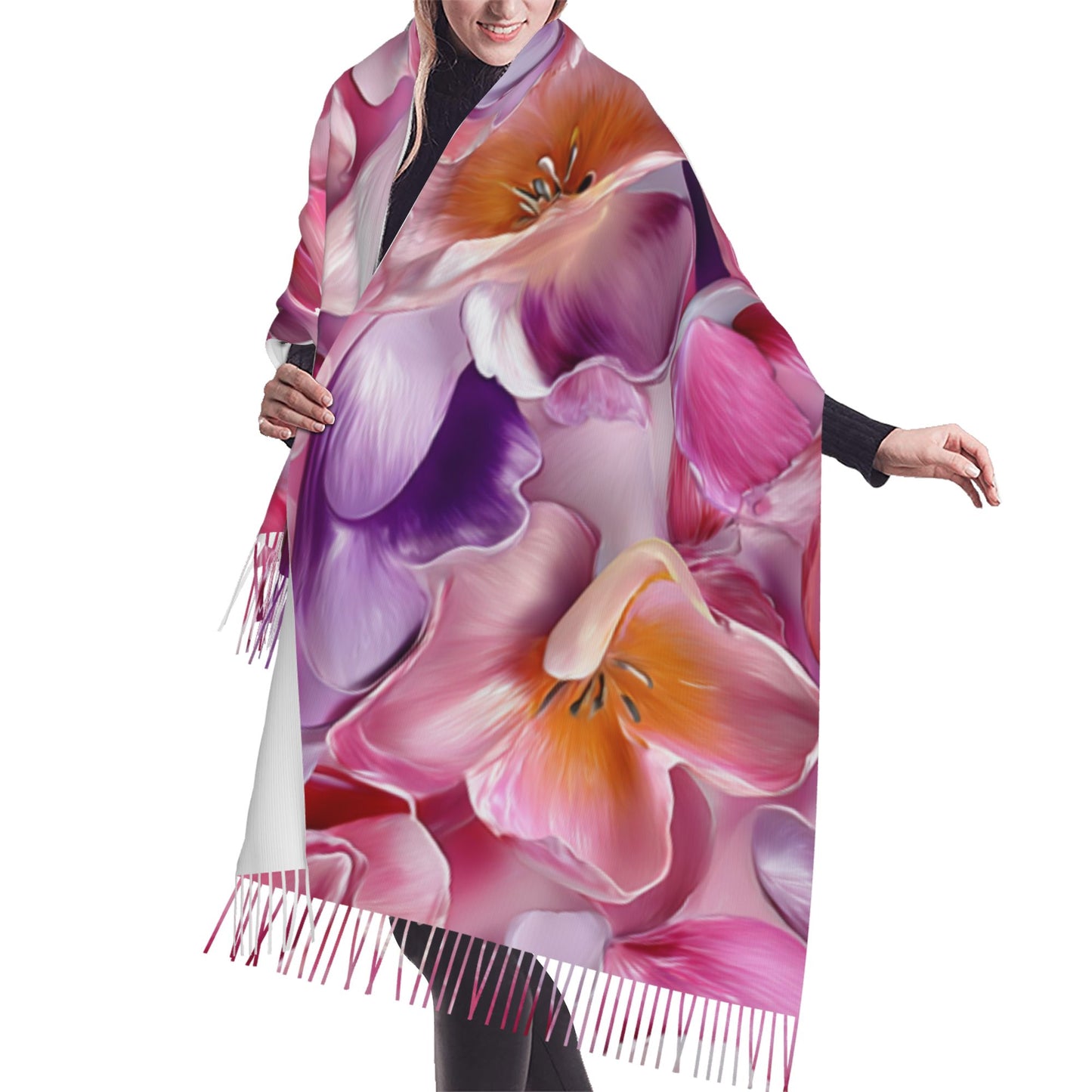 Colorful Floral Faux Cashmere Scarf – Romantic Multicolor Blossom Print Long Wrap with Tassels (77" x 27")