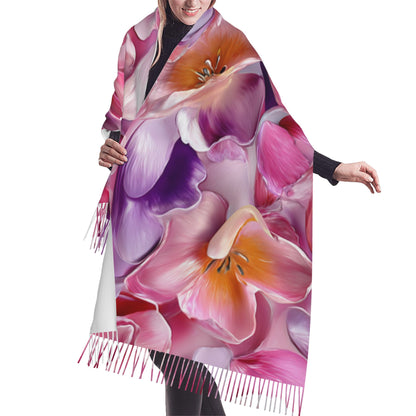 Colorful Floral Faux Cashmere Scarf – Romantic Multicolor Blossom Print Long Wrap with Tassels (77" x 27")