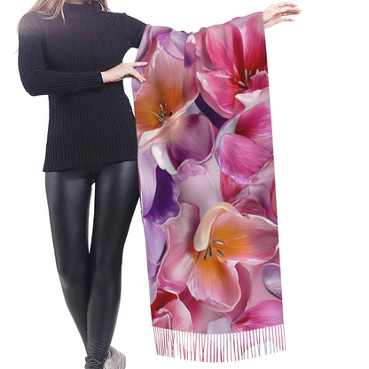 Colorful Floral Faux Cashmere Scarf – Romantic Multicolor Blossom Print Long Wrap with Tassels (77" x 27")