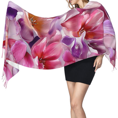 Colorful Floral Faux Cashmere Scarf – Romantic Multicolor Blossom Print Long Wrap with Tassels (77" x 27")