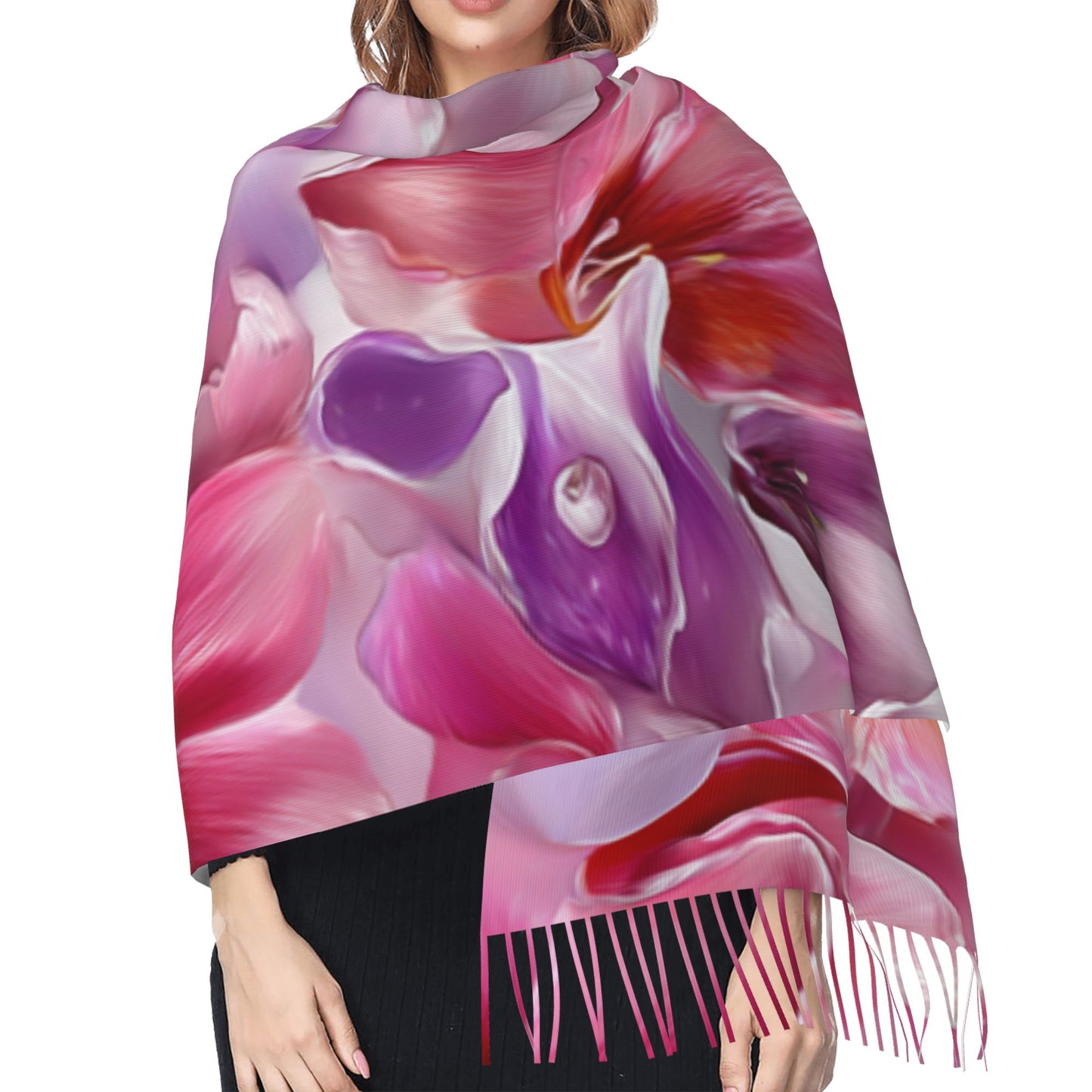 Colorful Floral Faux Cashmere Scarf – Romantic Multicolor Blossom Print Long Wrap with Tassels (77" x 27")