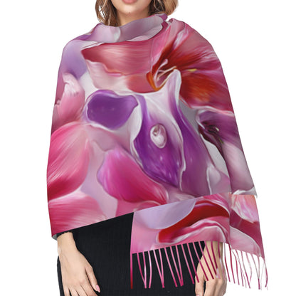 Colorful Floral Faux Cashmere Scarf – Romantic Multicolor Blossom Print Long Wrap with Tassels (77" x 27")
