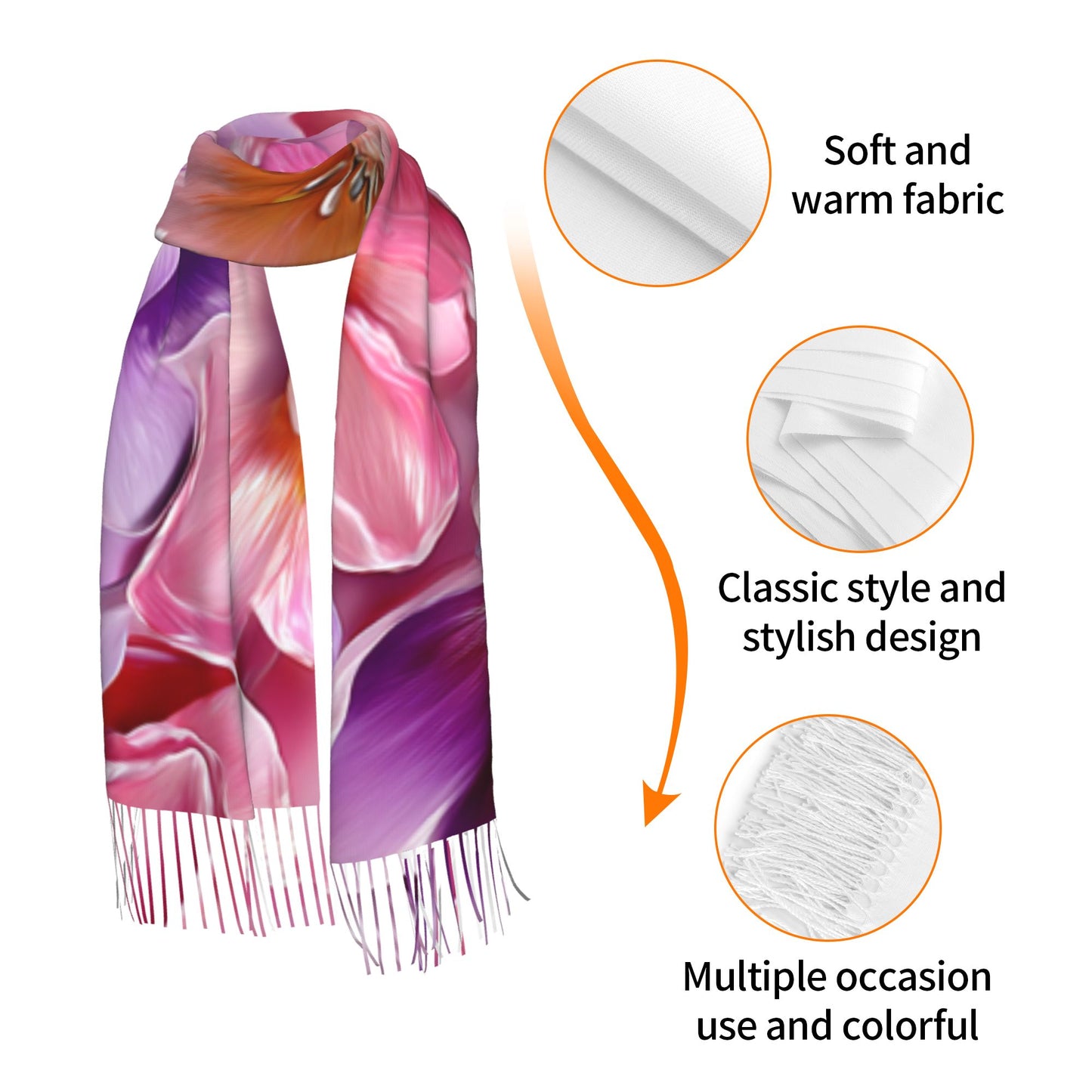 Colorful Floral Faux Cashmere Scarf – Romantic Multicolor Blossom Print Long Wrap with Tassels (77" x 27")
