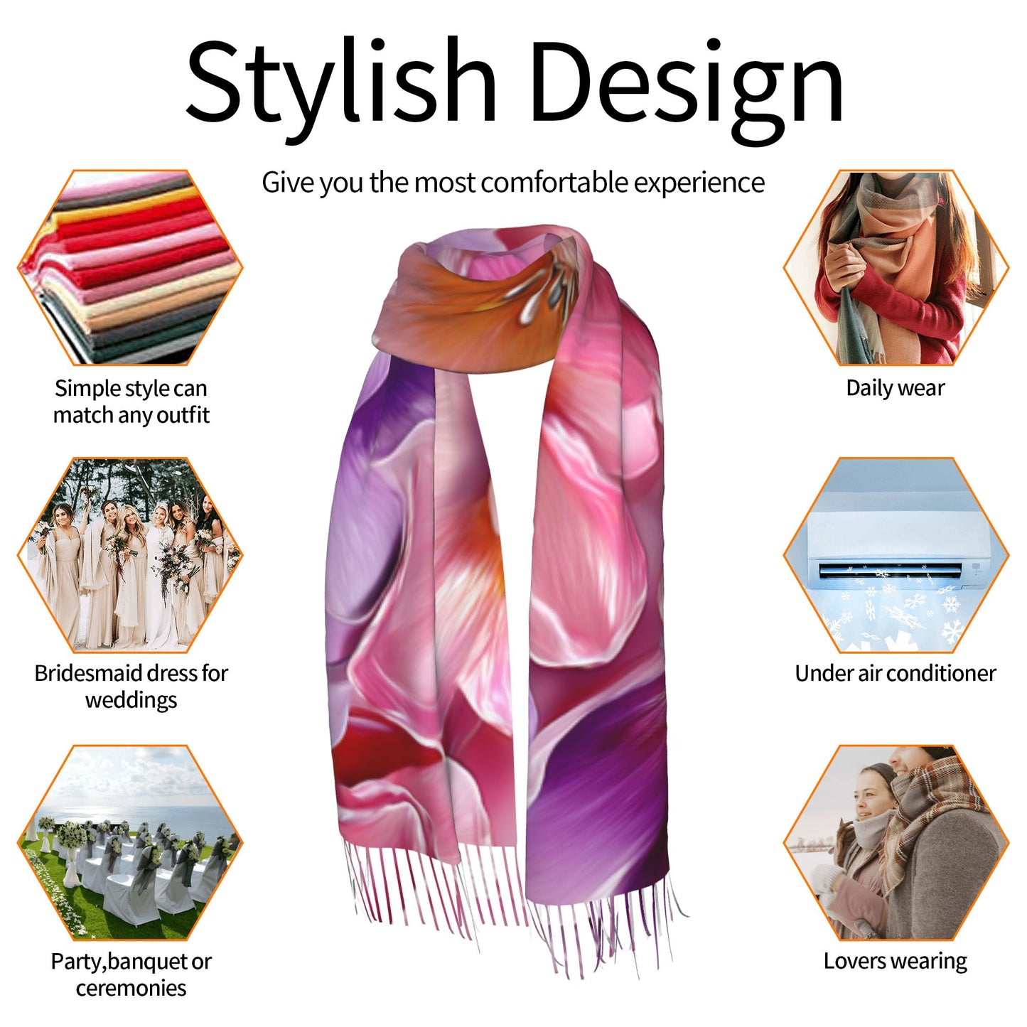 Colorful Floral Faux Cashmere Scarf – Romantic Multicolor Blossom Print Long Wrap with Tassels (77" x 27")