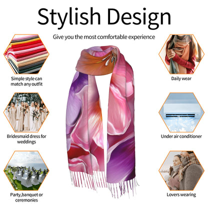 Colorful Floral Faux Cashmere Scarf – Romantic Multicolor Blossom Print Long Wrap with Tassels (77" x 27")