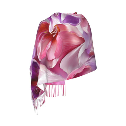 Colorful Floral Faux Cashmere Scarf – Romantic Multicolor Blossom Print Long Wrap with Tassels (77" x 27")