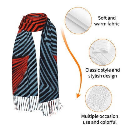 Bold Star Print Faux Cashmere Scarf – Red & Black Geometric Tassel Long Wrap (77" x 27")