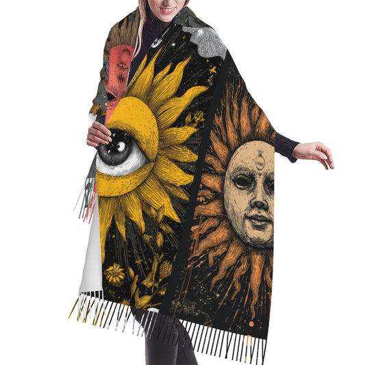 Vintage Sun Totem Faux Cashmere Scarf – Artistic Patchwork Design Long Wrap with Tassels (77" x 27")