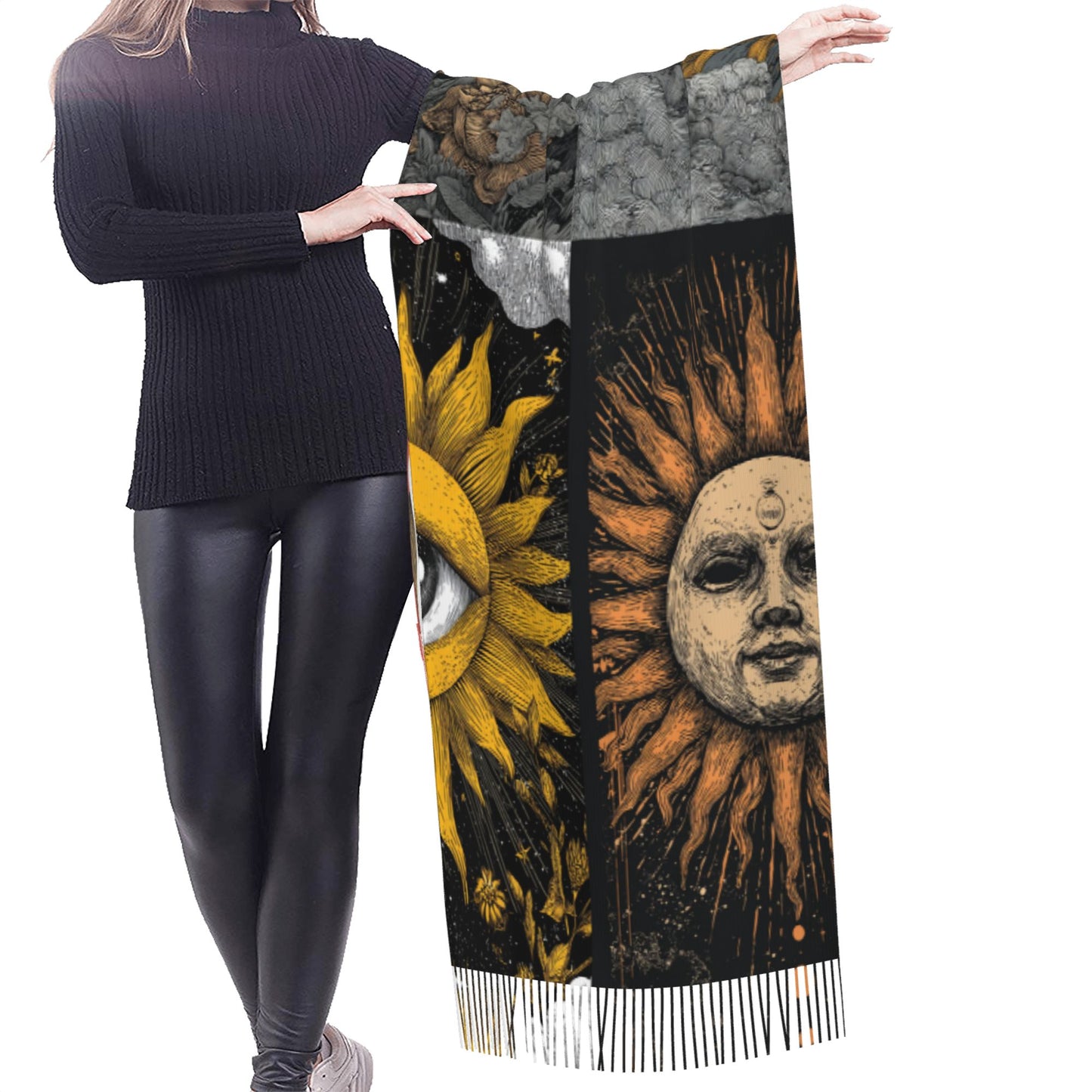 Vintage Sun Totem Faux Cashmere Scarf – Artistic Patchwork Design Long Wrap with Tassels (77" x 27")