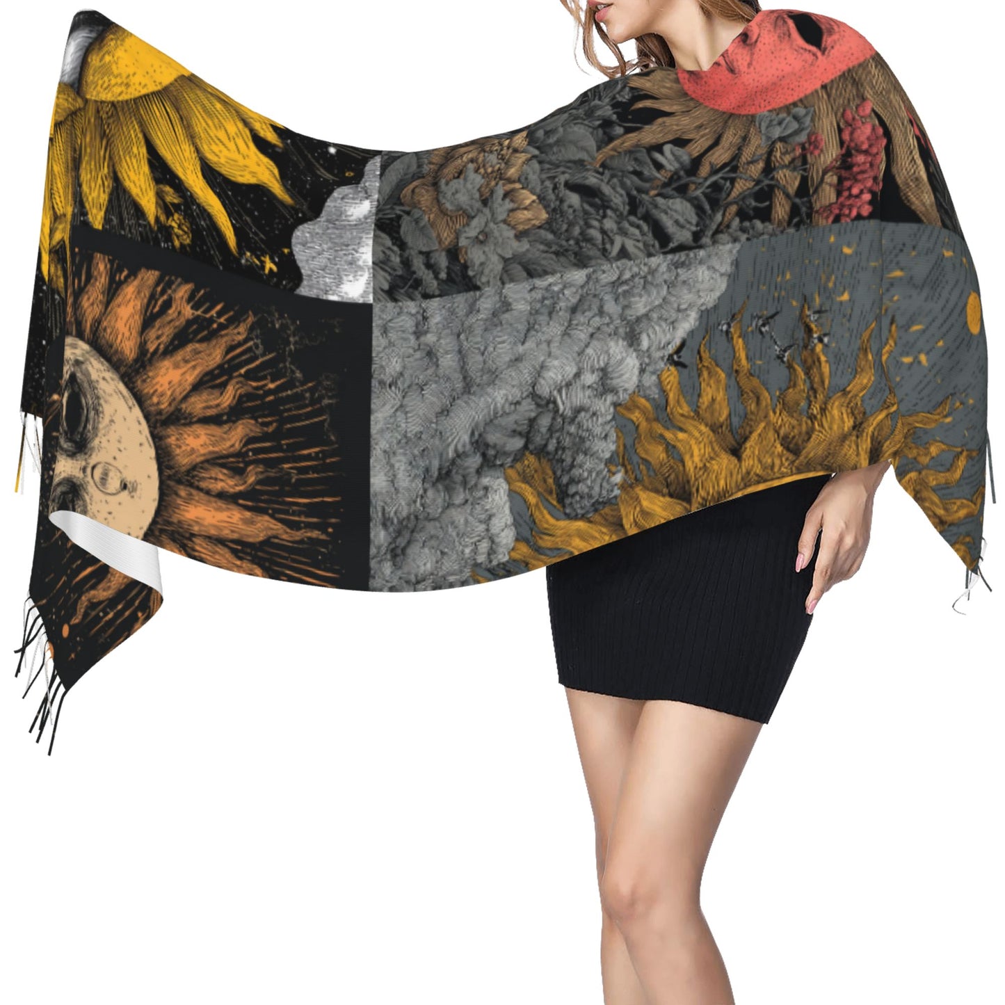 Vintage Sun Totem Faux Cashmere Scarf – Artistic Patchwork Design Long Wrap with Tassels (77" x 27")