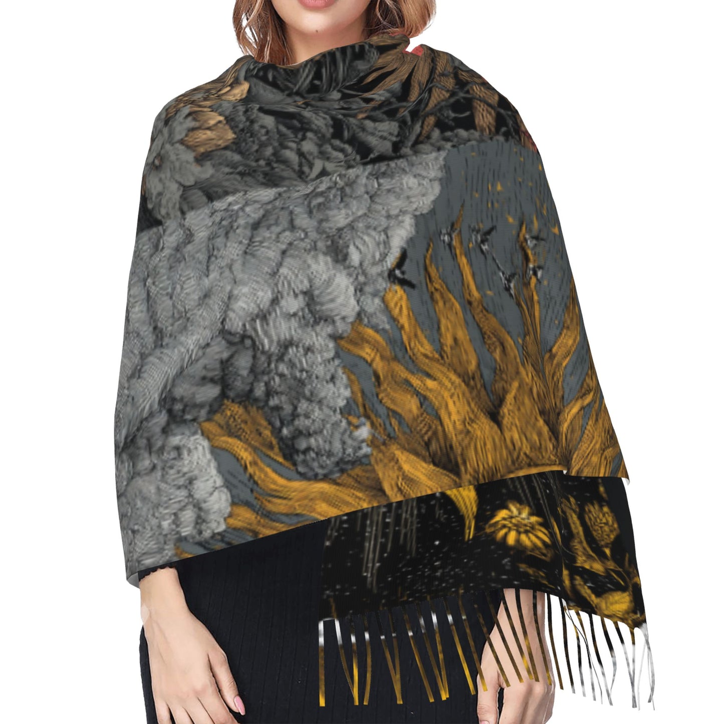 Vintage Sun Totem Faux Cashmere Scarf – Artistic Patchwork Design Long Wrap with Tassels (77" x 27")