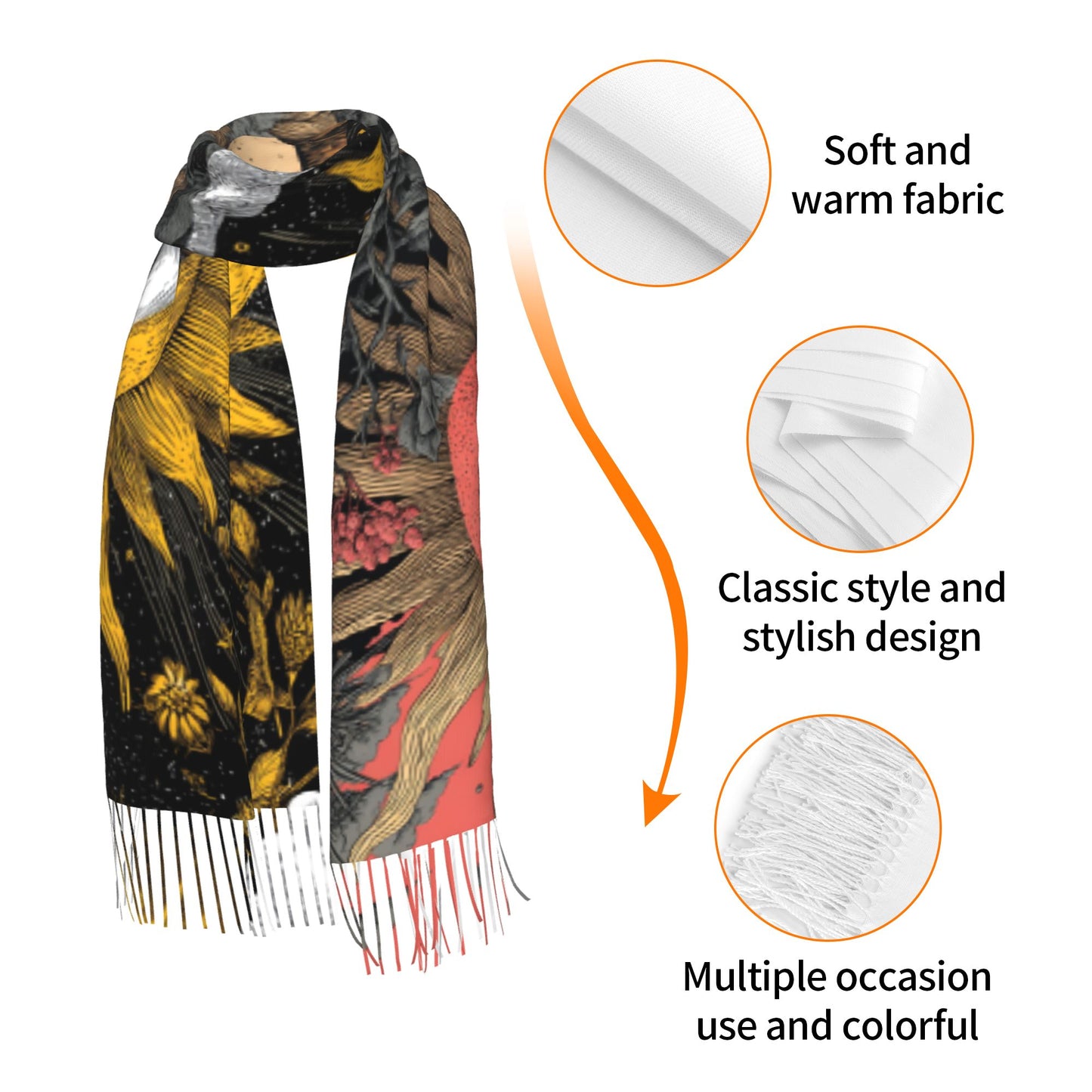 Vintage Sun Totem Faux Cashmere Scarf – Artistic Patchwork Design Long Wrap with Tassels (77" x 27")