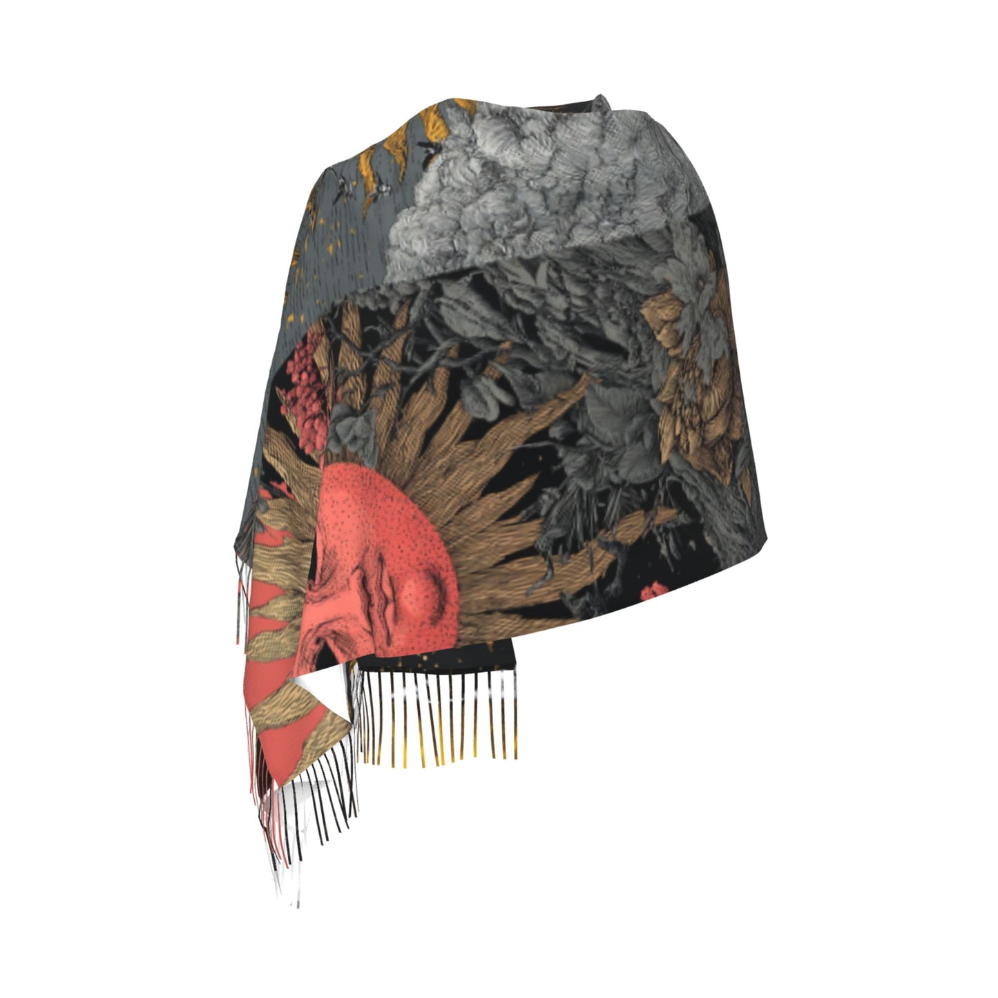 Vintage Sun Totem Faux Cashmere Scarf – Artistic Patchwork Design Long Wrap with Tassels (77" x 27")
