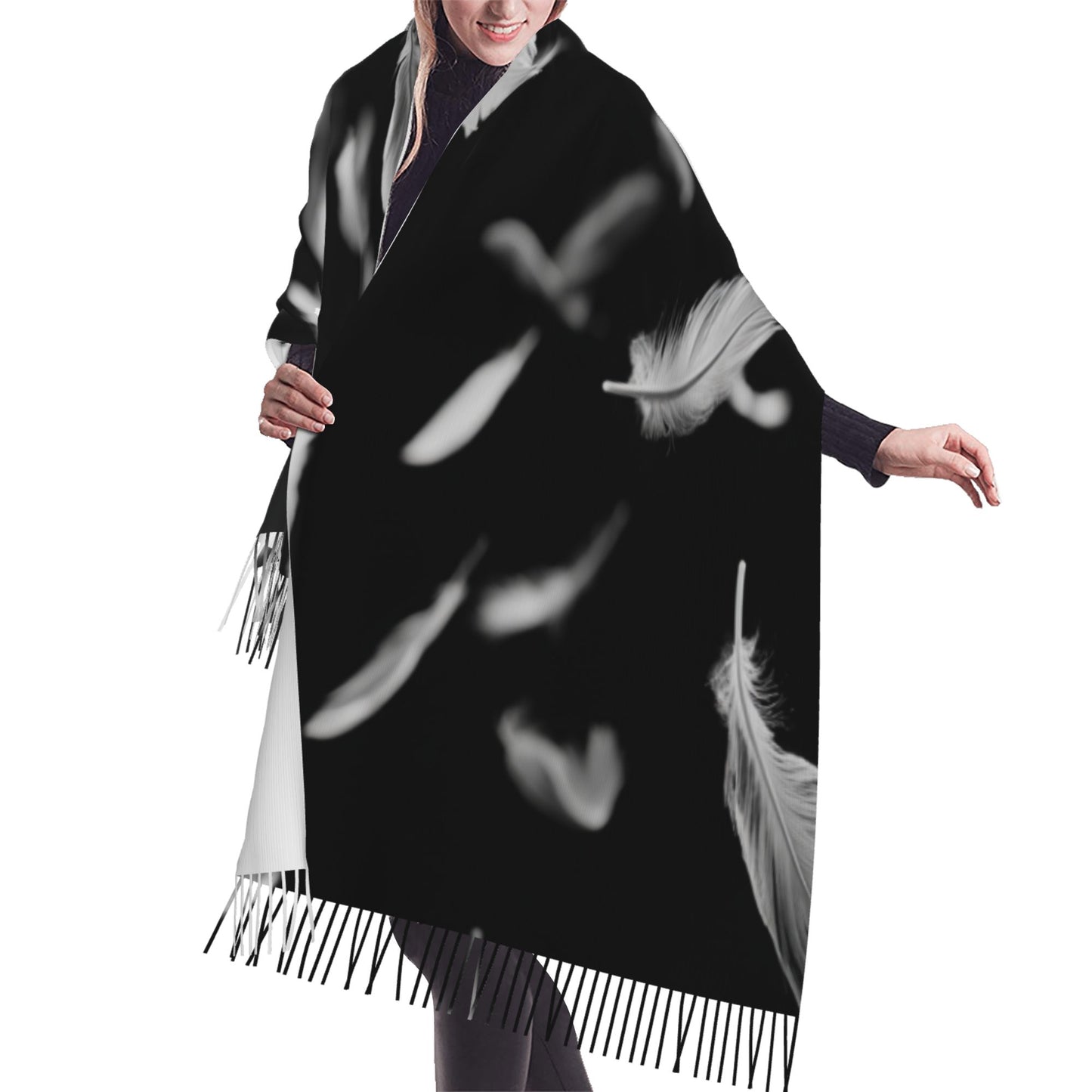 Falling Feather Print Faux Cashmere Scarf – Black & White Artistic Long Wrap with Tassels (77" x 27")