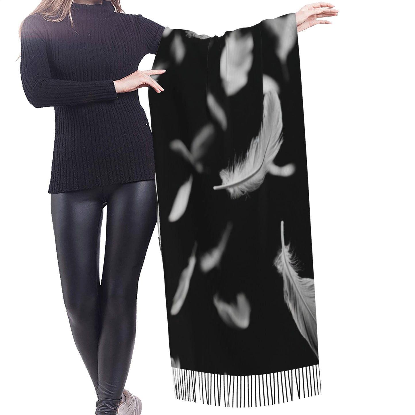 Falling Feather Print Faux Cashmere Scarf – Black & White Artistic Long Wrap with Tassels (77" x 27")